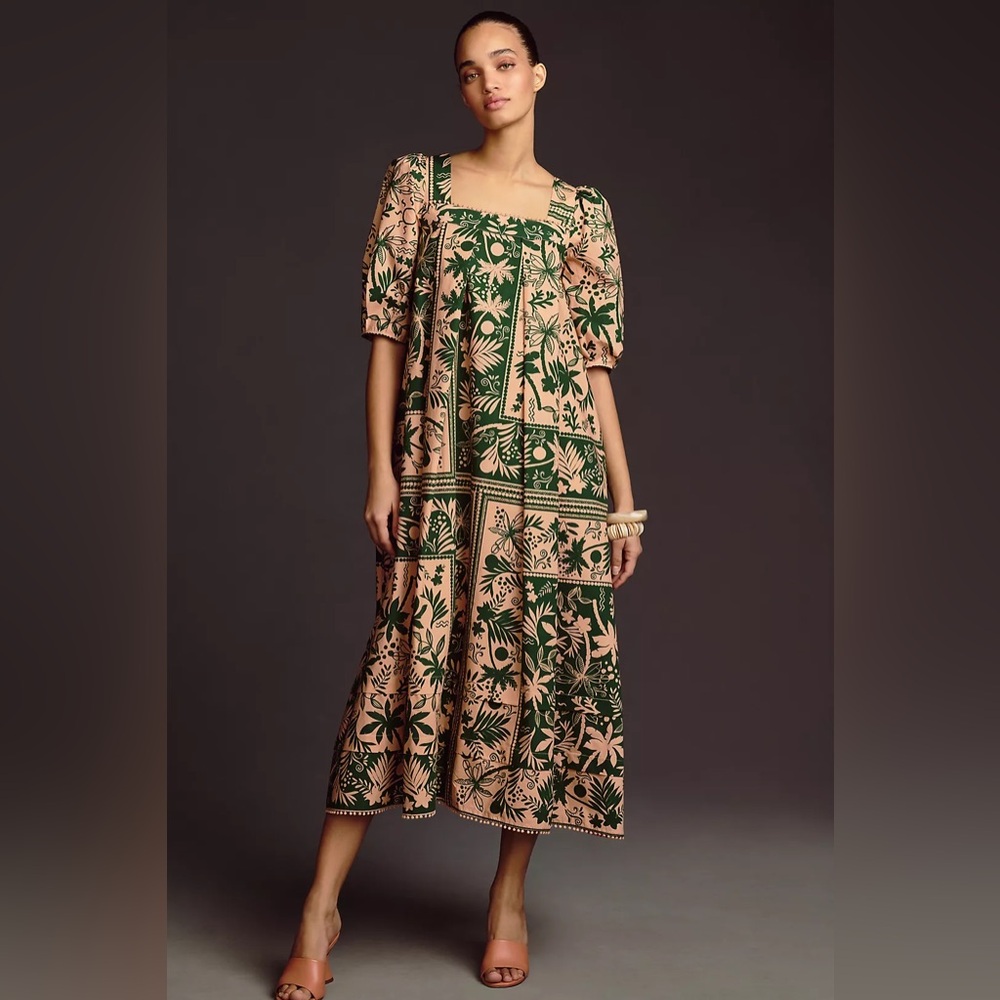 Hunter Bell Anthropologie Waverly Dress Square Neck Puff Sleeve Cotton Medium